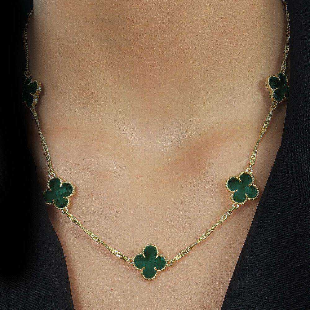 Colar 45cm Dourado 5 Trevos Verde