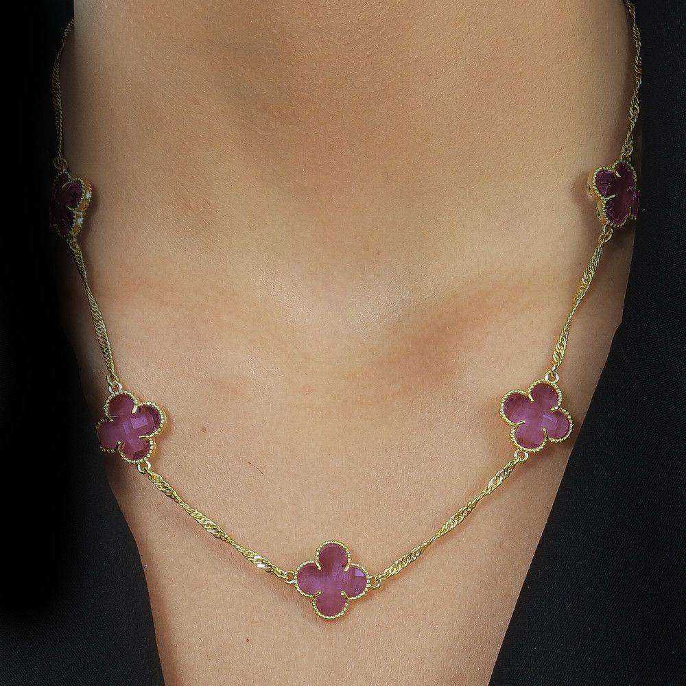 Colar 45cm Dourado 5 Trevos Rosa