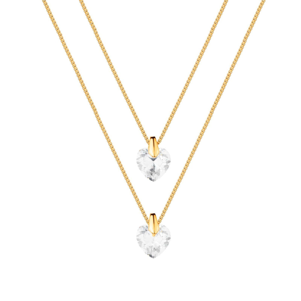 Colar 45cm Dourado Duplo de Coração em Cristal