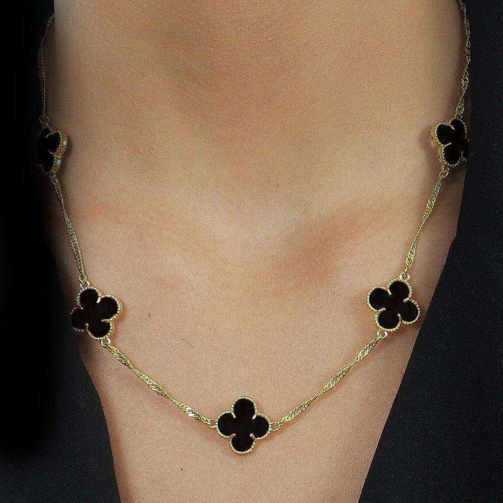 Colar 45cm Dourado 5 Trevos Preto